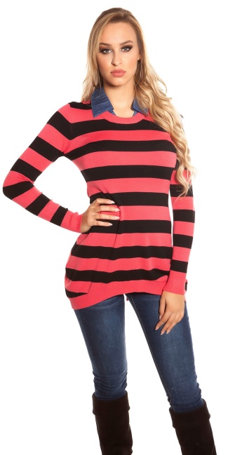 Trendy fine knit long jumper + jeans collar Coral